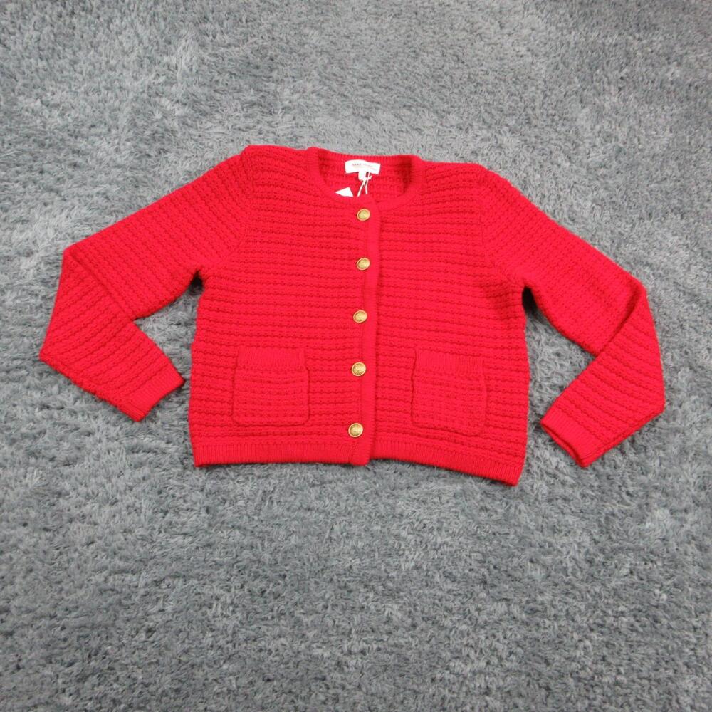 DEAR JOHN Sweater Cardigan Womens L Red Crochet Collarless Pockets NWT